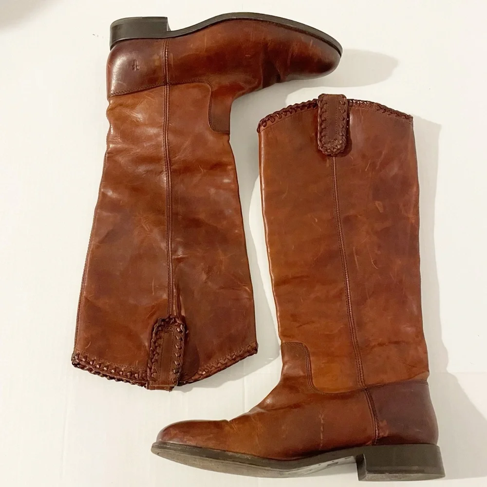 Frye Melissa Whip Tall Pull On Boots Size 9.5 Distressed Brown Leather Riding - Picture 3 of 16